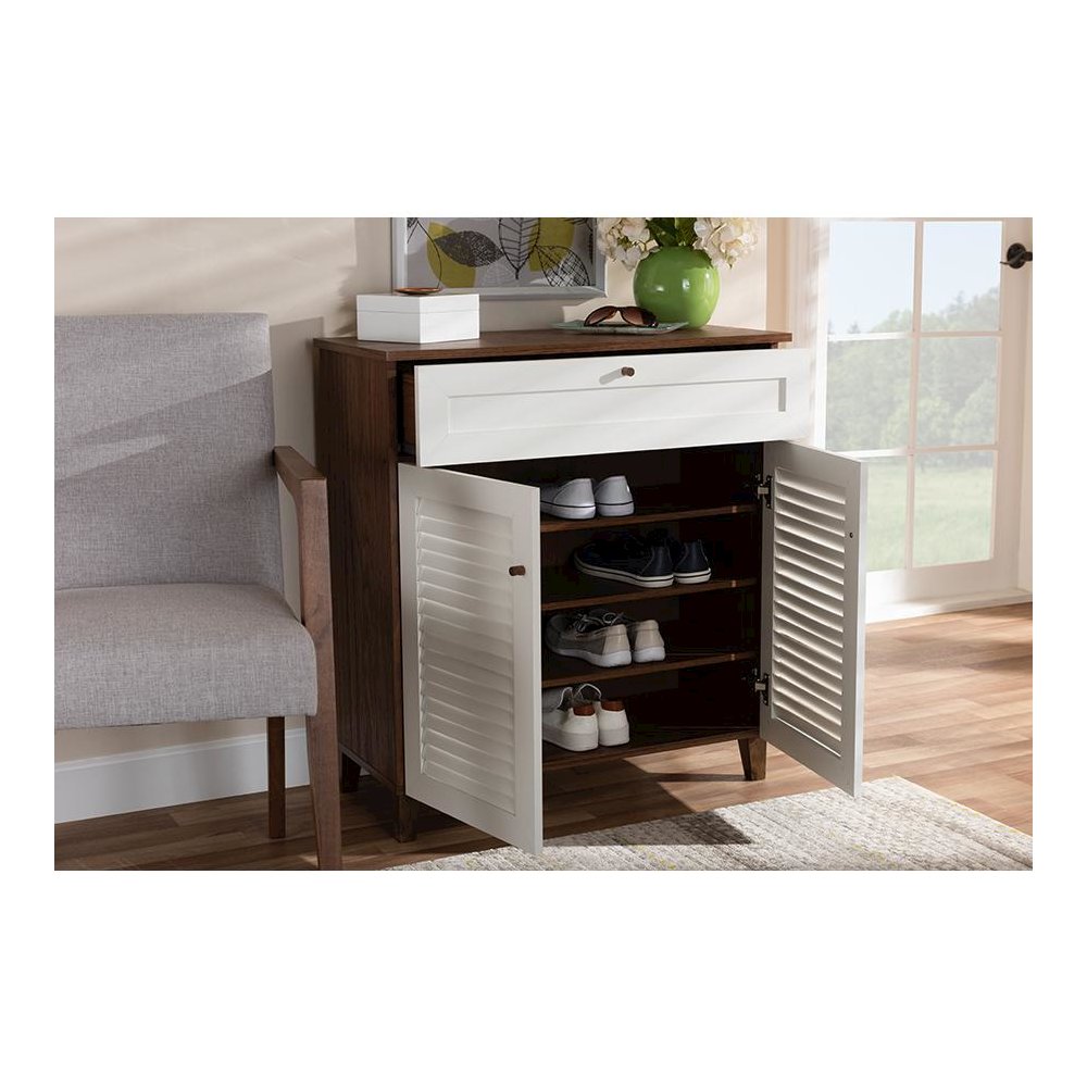 White and Walnut Finished 4-Shelf Wood Shoe Storage Cabinet with Drawer. Picture 8