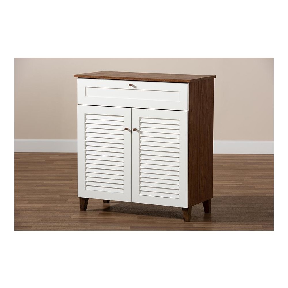 White and Walnut Finished 4-Shelf Wood Shoe Storage Cabinet with Drawer. Picture 9