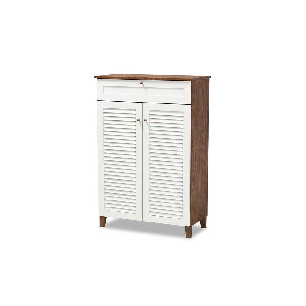 White and Walnut Finished 5-Shelf Wood Shoe Storage Cabinet with Drawer. Picture 1
