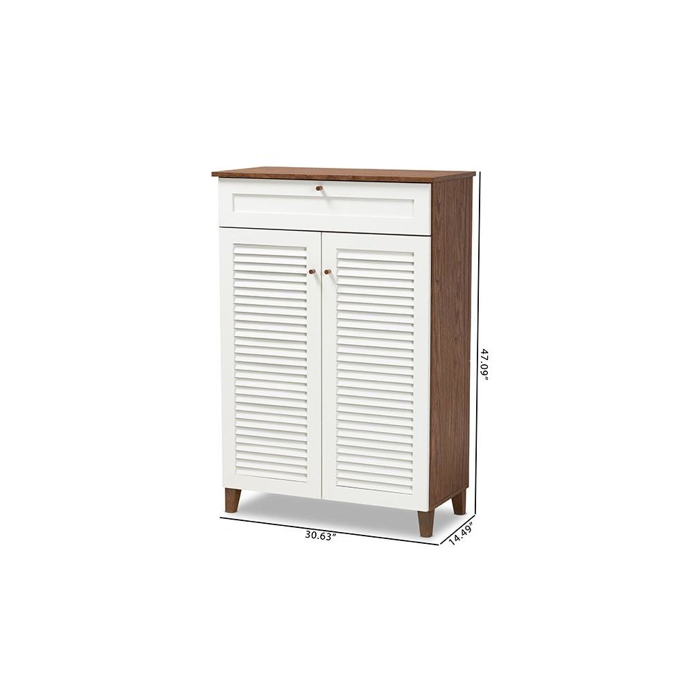 White and Walnut Finished 5-Shelf Wood Shoe Storage Cabinet with Drawer. Picture 10