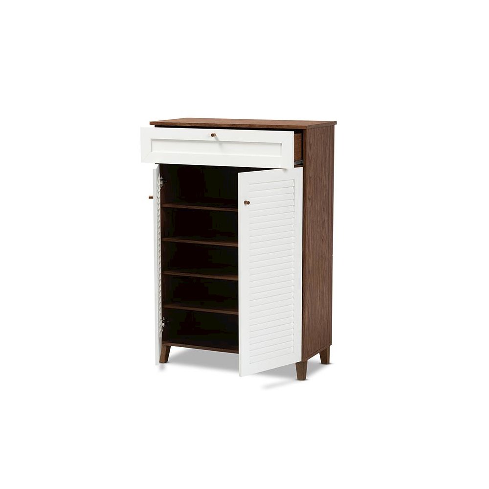 White and Walnut Finished 5-Shelf Wood Shoe Storage Cabinet with Drawer. Picture 2
