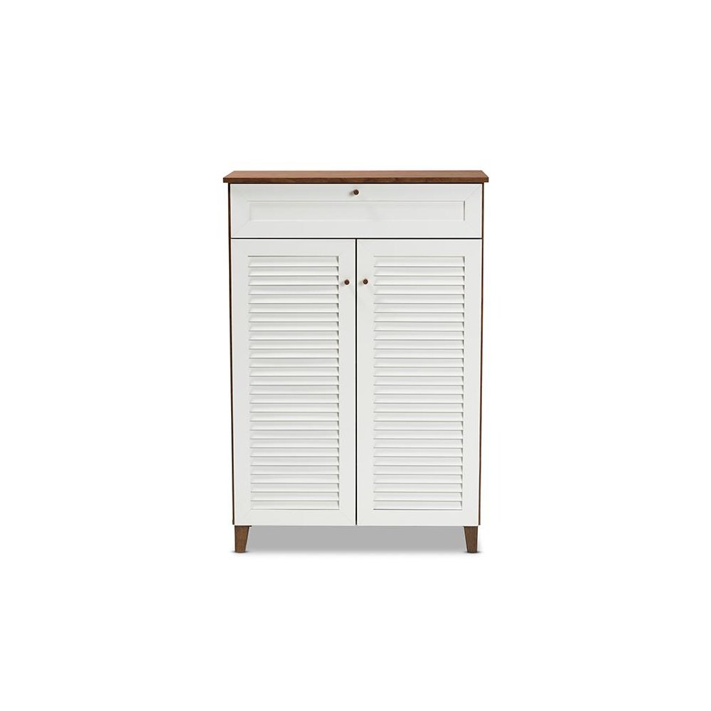 White and Walnut Finished 5-Shelf Wood Shoe Storage Cabinet with Drawer. Picture 3