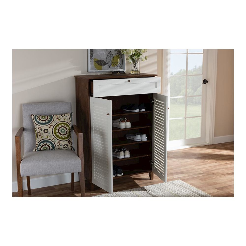 White and Walnut Finished 5-Shelf Wood Shoe Storage Cabinet with Drawer. Picture 8