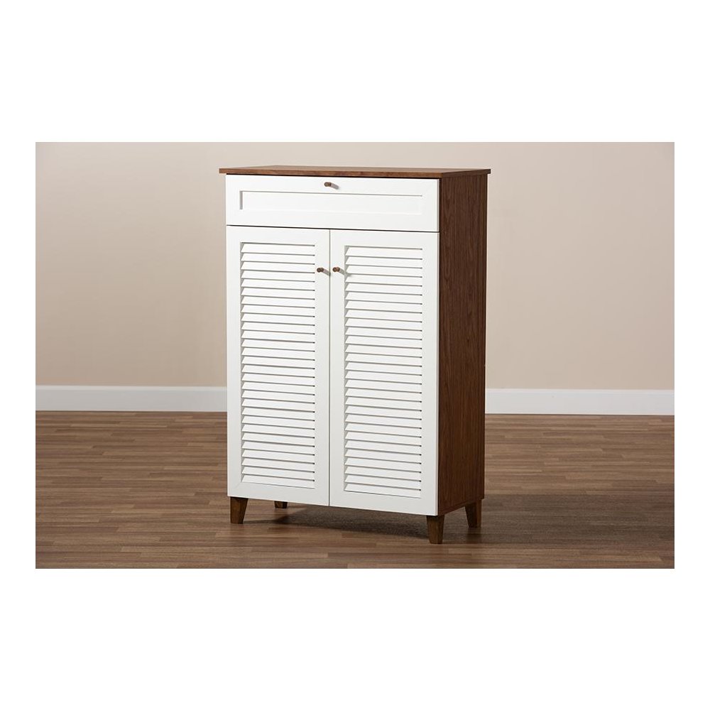 White and Walnut Finished 5-Shelf Wood Shoe Storage Cabinet with Drawer. Picture 9