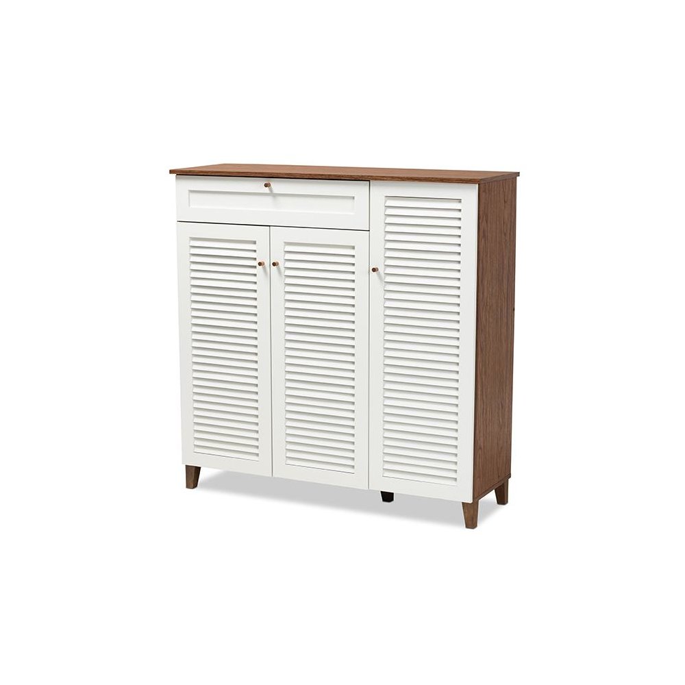 Walnut Finished 11-Shelf Wood Shoe Storage Cabinet with Drawer. Picture 1