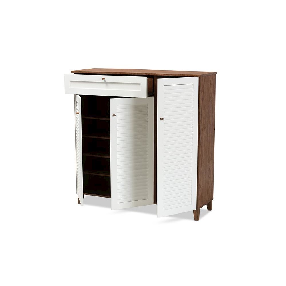 Walnut Finished 11-Shelf Wood Shoe Storage Cabinet with Drawer. Picture 2