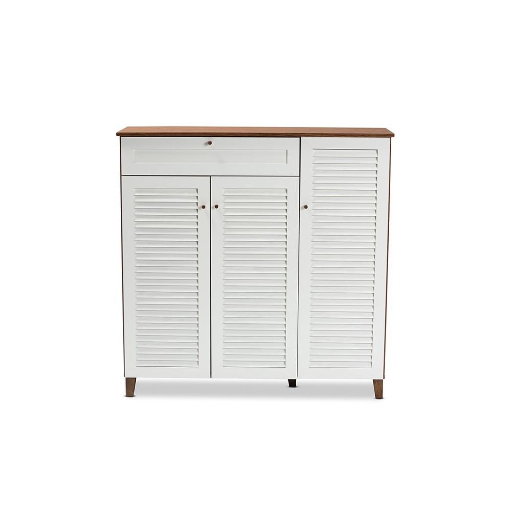 Walnut Finished 11-Shelf Wood Shoe Storage Cabinet with Drawer. Picture 3