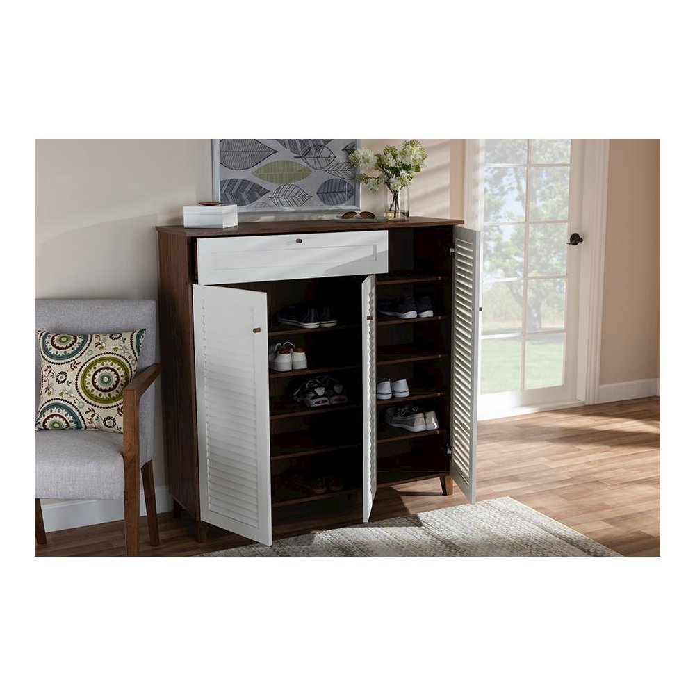 Walnut Finished 11-Shelf Wood Shoe Storage Cabinet with Drawer. Picture 8