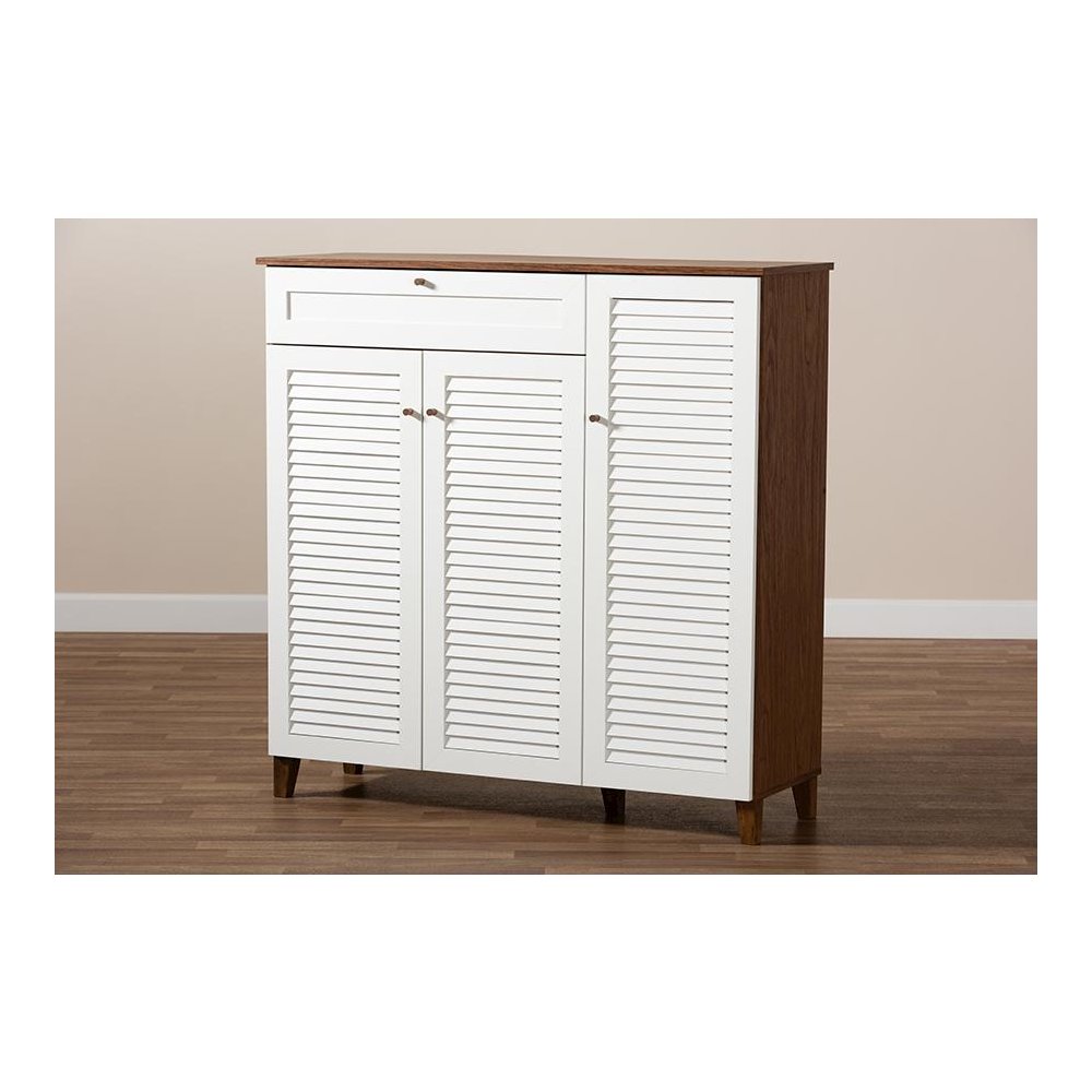 Walnut Finished 11-Shelf Wood Shoe Storage Cabinet with Drawer. Picture 9