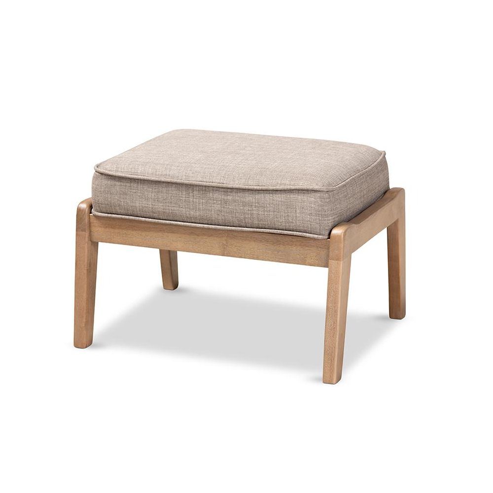 Light Grey Fabric Upholstered Antique Oak Finished Wood Ottoman. Picture 1