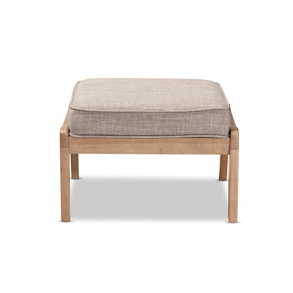 Light Grey Fabric Upholstered Antique Oak Finished Wood Ottoman. Picture 2