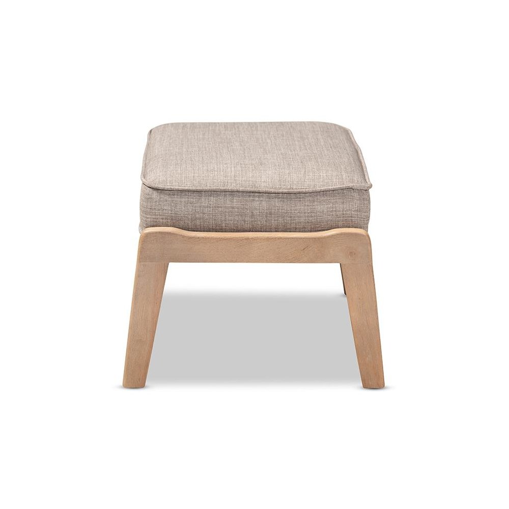 Light Grey Fabric Upholstered Antique Oak Finished Wood Ottoman. Picture 3
