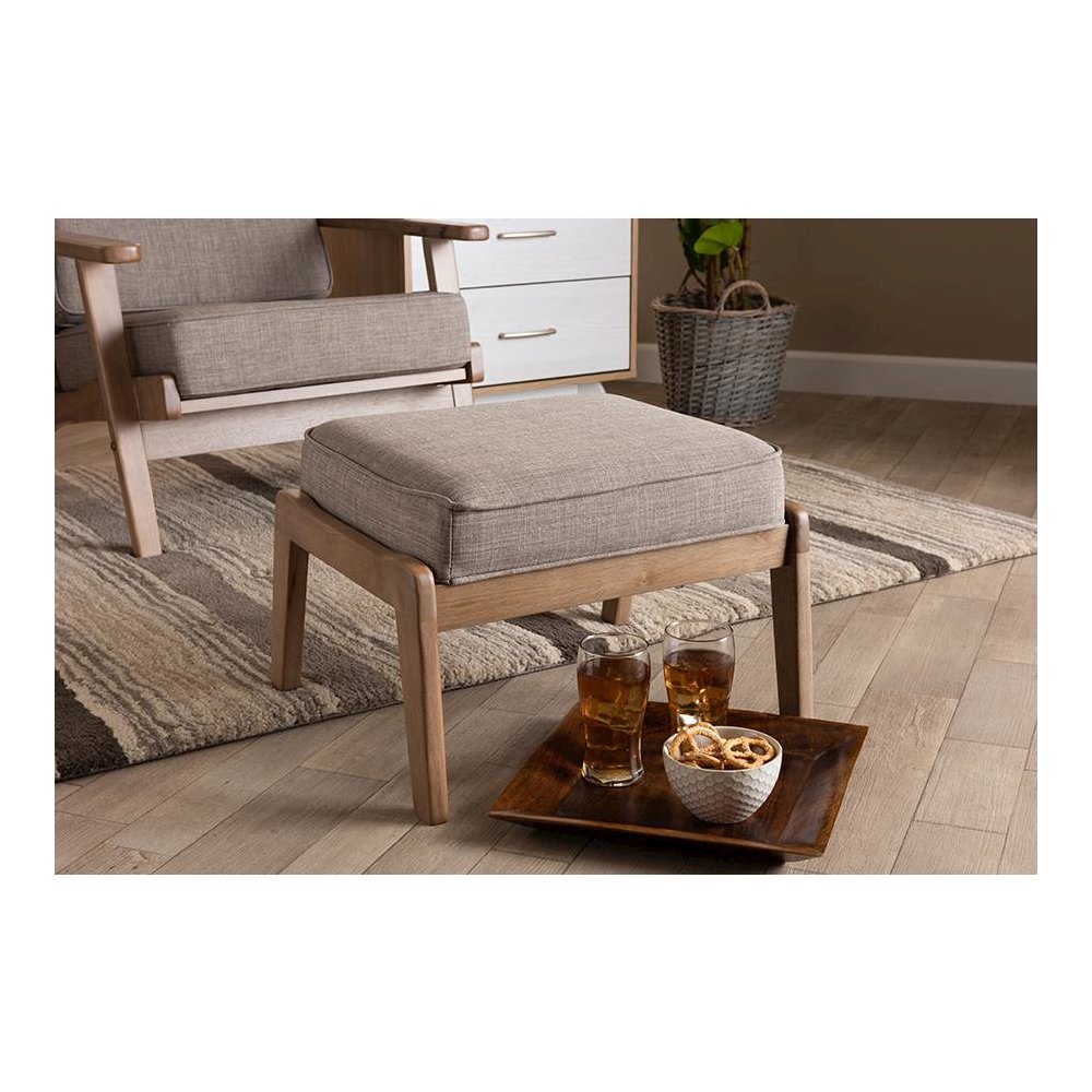 Light Grey Fabric Upholstered Antique Oak Finished Wood Ottoman. Picture 5