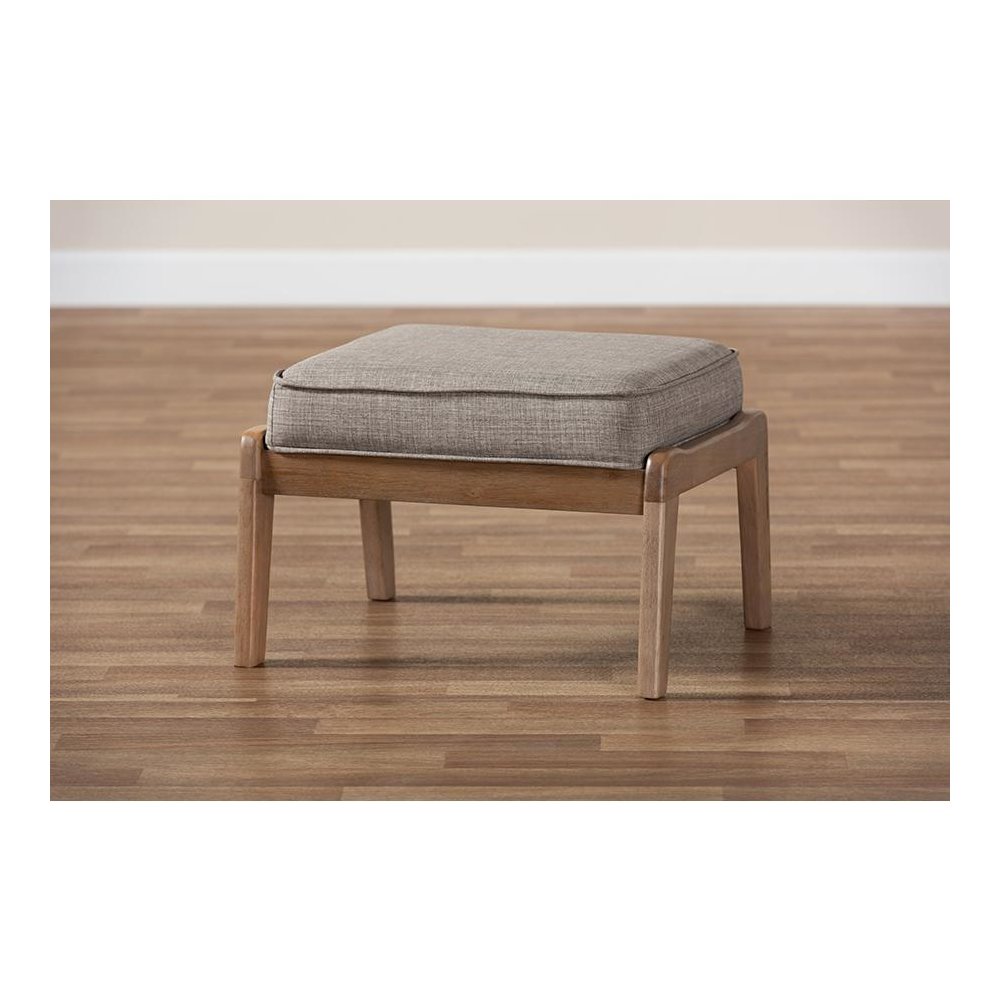 Light Grey Fabric Upholstered Antique Oak Finished Wood Ottoman. Picture 6