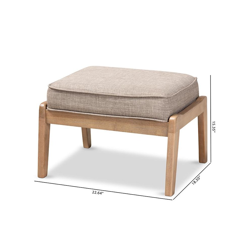 Light Grey Fabric Upholstered Antique Oak Finished Wood Ottoman. Picture 7