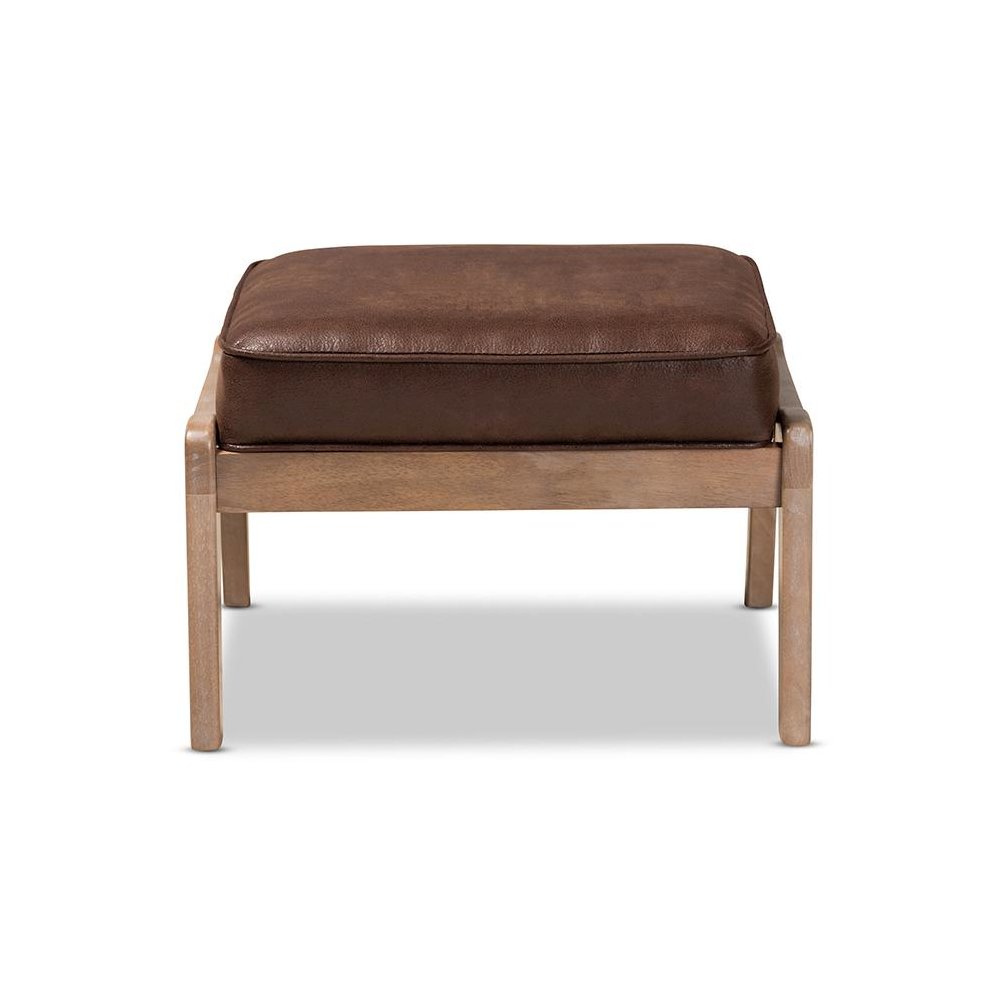 Leather Effect Fabric Upholstered Antique Oak Finished Wood Ottoman. Picture 2