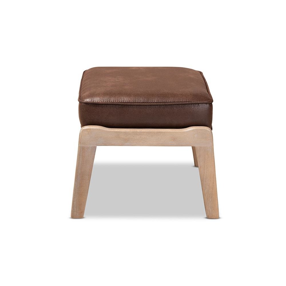 Leather Effect Fabric Upholstered Antique Oak Finished Wood Ottoman. Picture 3