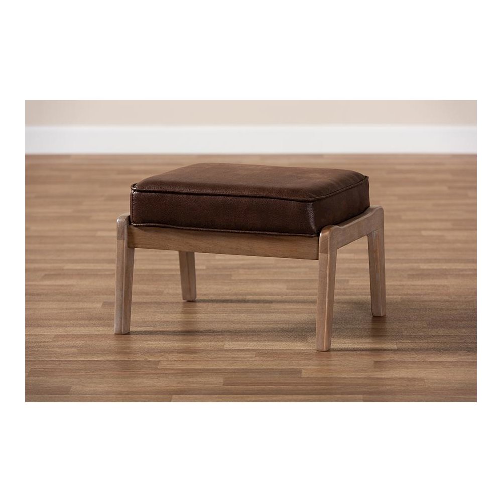 Leather Effect Fabric Upholstered Antique Oak Finished Wood Ottoman. Picture 6