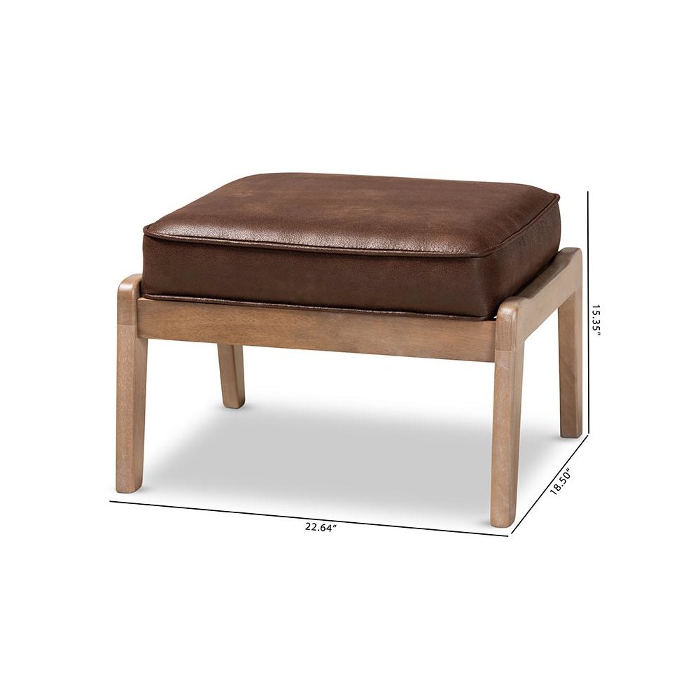 Leather Effect Fabric Upholstered Antique Oak Finished Wood Ottoman. Picture 7