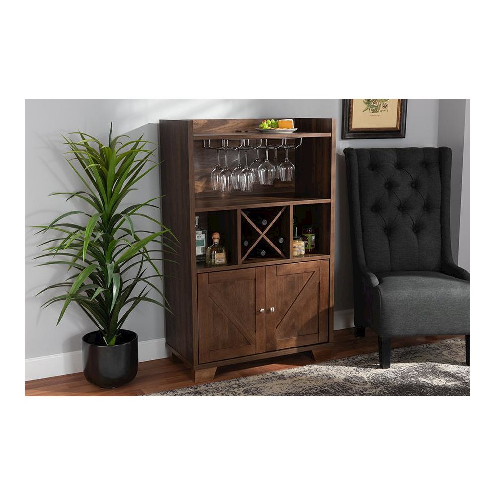 Carrie Transitional Farmhouse Walnut Brown Finished Wood Wine Storage Cabinet. Picture 9