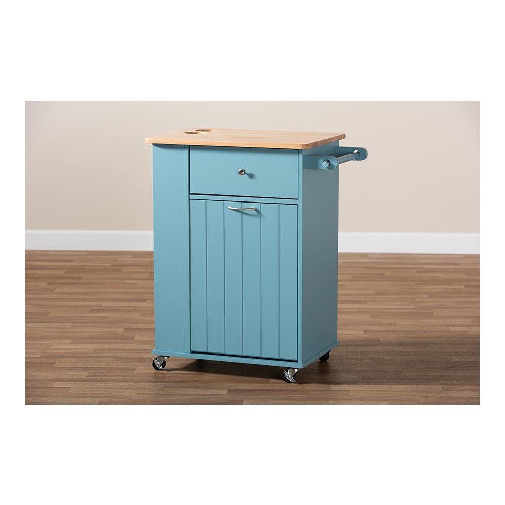 Liona Modern and Contemporary Sky Blue Finished Wood Kitchen Storage Cart. Picture 13