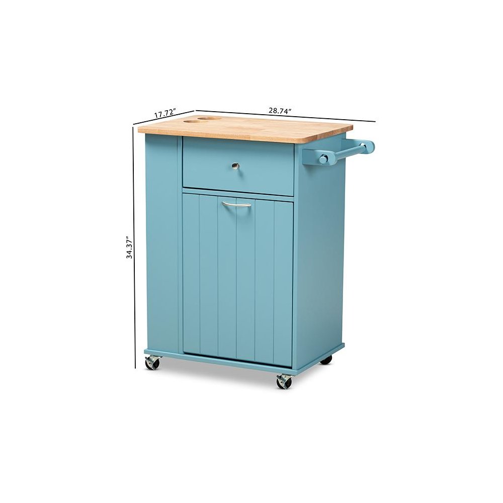 Liona Modern and Contemporary Sky Blue Finished Wood Kitchen Storage Cart. Picture 14