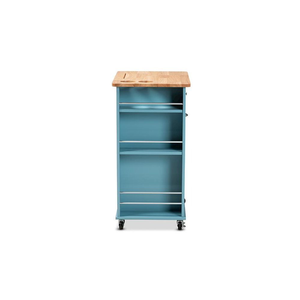 Liona Modern and Contemporary Sky Blue Finished Wood Kitchen Storage Cart. Picture 4