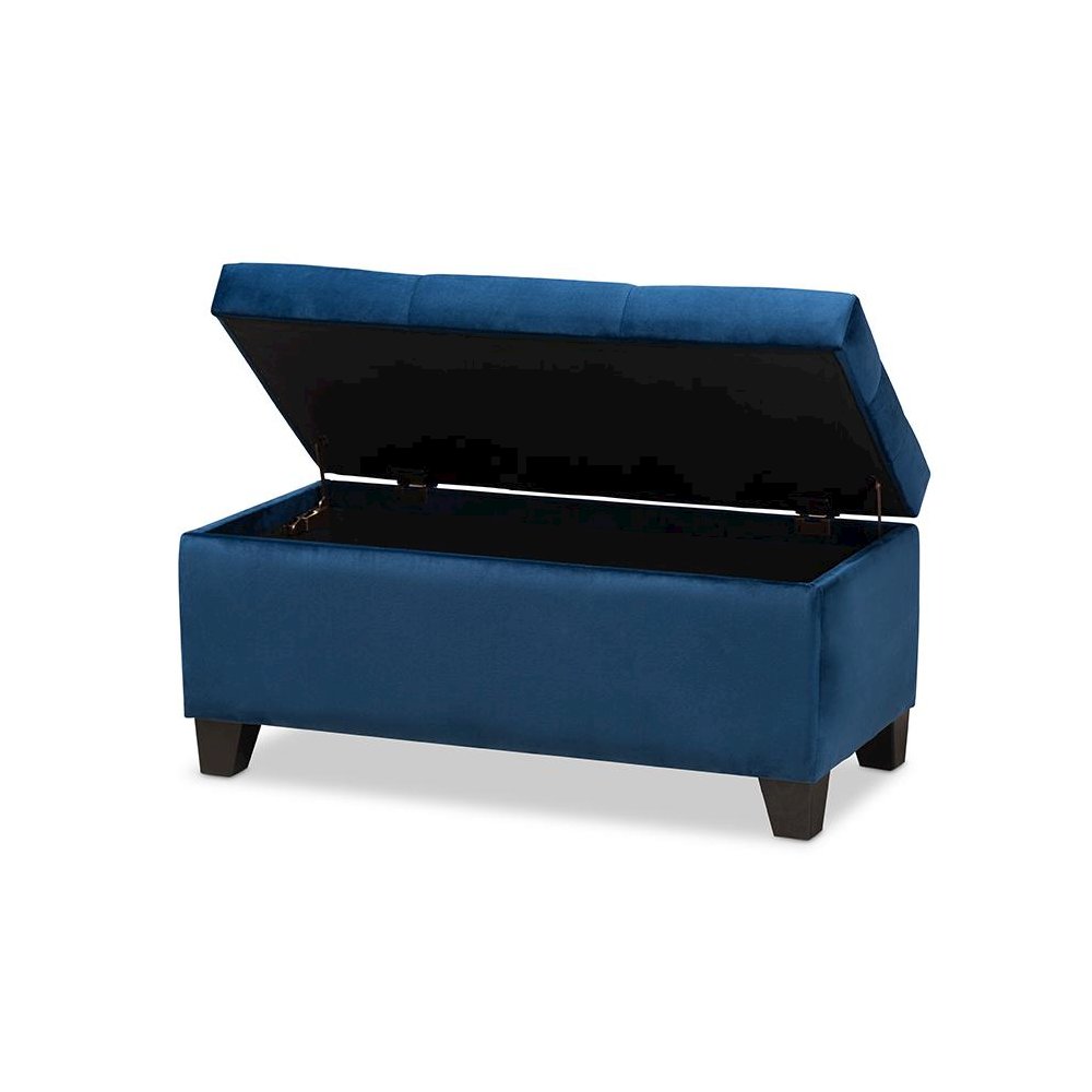 Navy Blue Velvet Fabric Upholstered Storage Ottoman. Picture 2