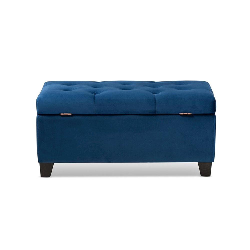 Navy Blue Velvet Fabric Upholstered Storage Ottoman. Picture 5