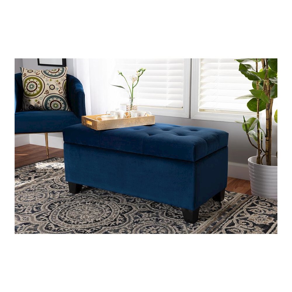Navy Blue Velvet Fabric Upholstered Storage Ottoman. Picture 7