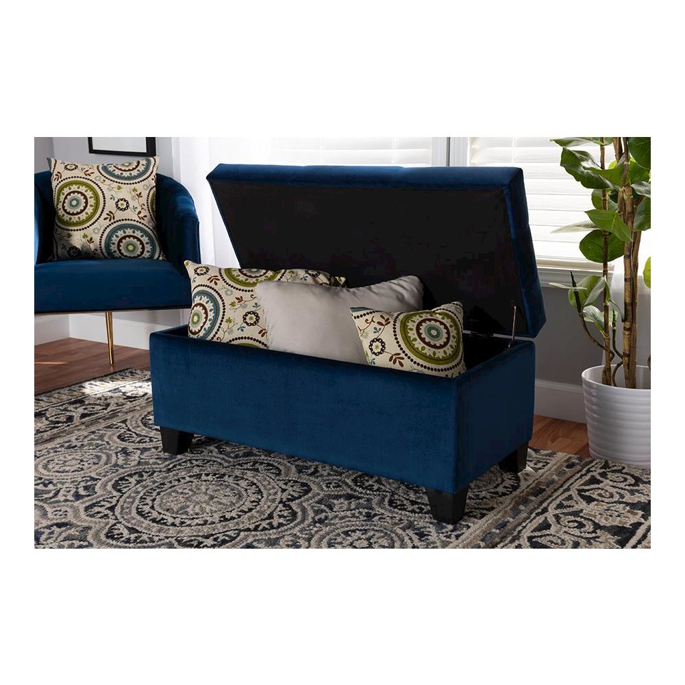Navy Blue Velvet Fabric Upholstered Storage Ottoman. Picture 8