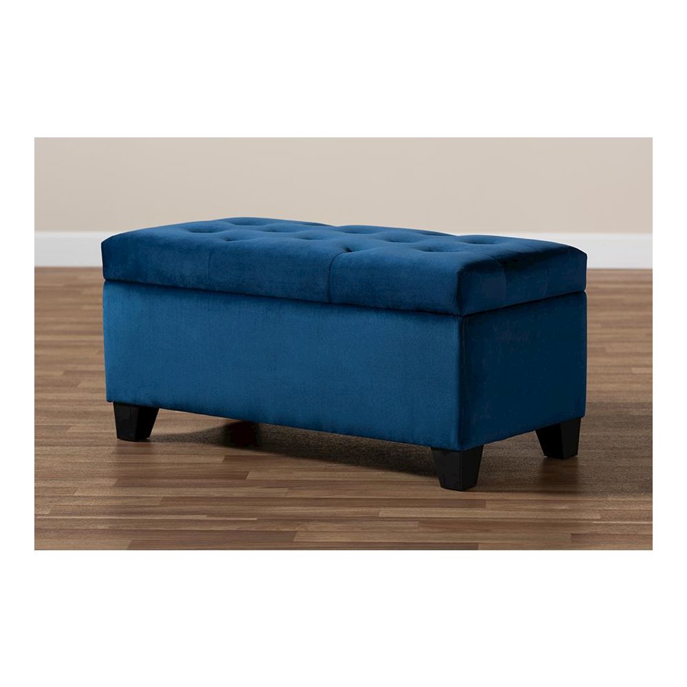 Navy Blue Velvet Fabric Upholstered Storage Ottoman. Picture 9