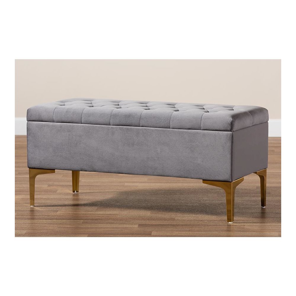 Luxe Grey Velvet Fabric Upholstered Gold Finished Button Tufted Storage Ottoman. Picture 10