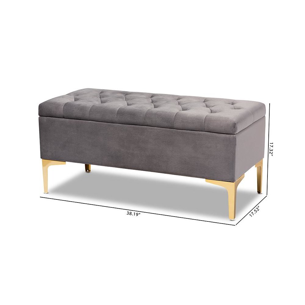 Luxe Grey Velvet Fabric Upholstered Gold Finished Button Tufted Storage Ottoman. Picture 11