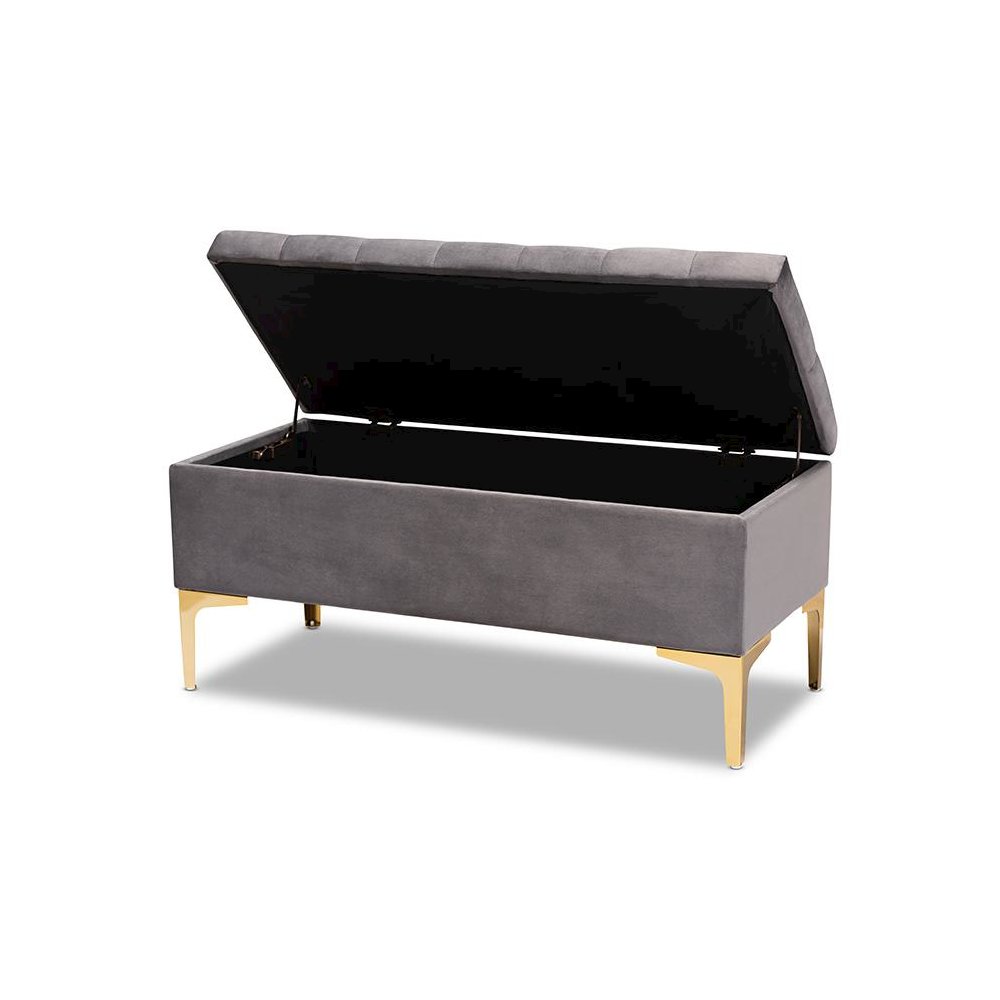 Luxe Grey Velvet Fabric Upholstered Gold Finished Button Tufted Storage Ottoman. Picture 2