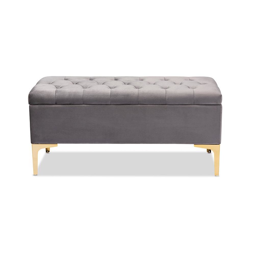 Luxe Grey Velvet Fabric Upholstered Gold Finished Button Tufted Storage Ottoman. Picture 3