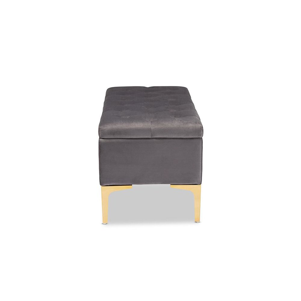 Luxe Grey Velvet Fabric Upholstered Gold Finished Button Tufted Storage Ottoman. Picture 4