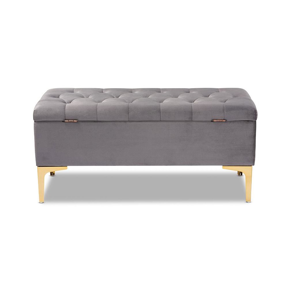 Luxe Grey Velvet Fabric Upholstered Gold Finished Button Tufted Storage Ottoman. Picture 5