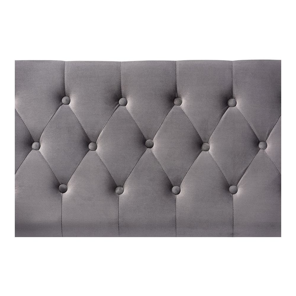 Luxe Grey Velvet Fabric Upholstered Gold Finished Button Tufted Storage Ottoman. Picture 6