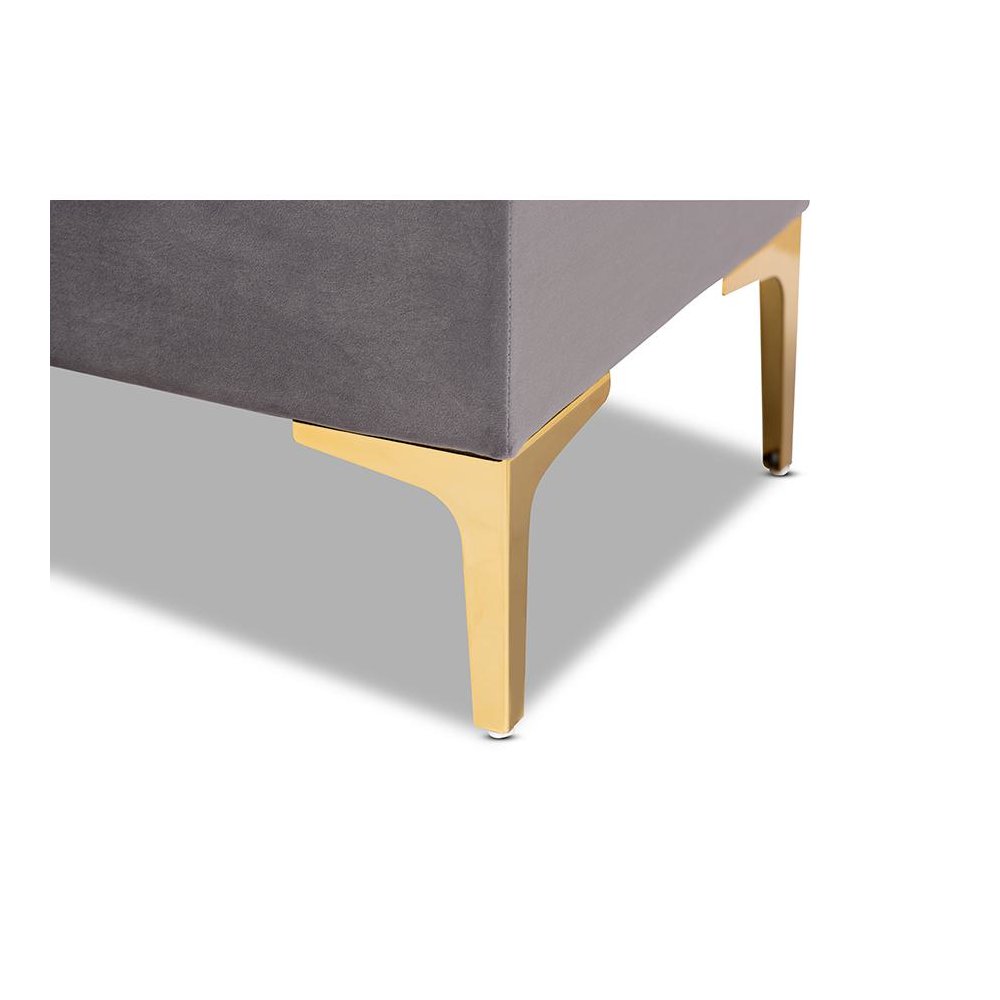 Luxe Grey Velvet Fabric Upholstered Gold Finished Button Tufted Storage Ottoman. Picture 7