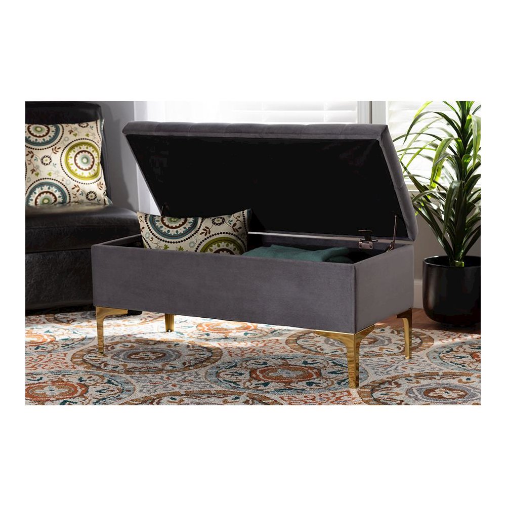 Luxe Grey Velvet Fabric Upholstered Gold Finished Button Tufted Storage Ottoman. Picture 9