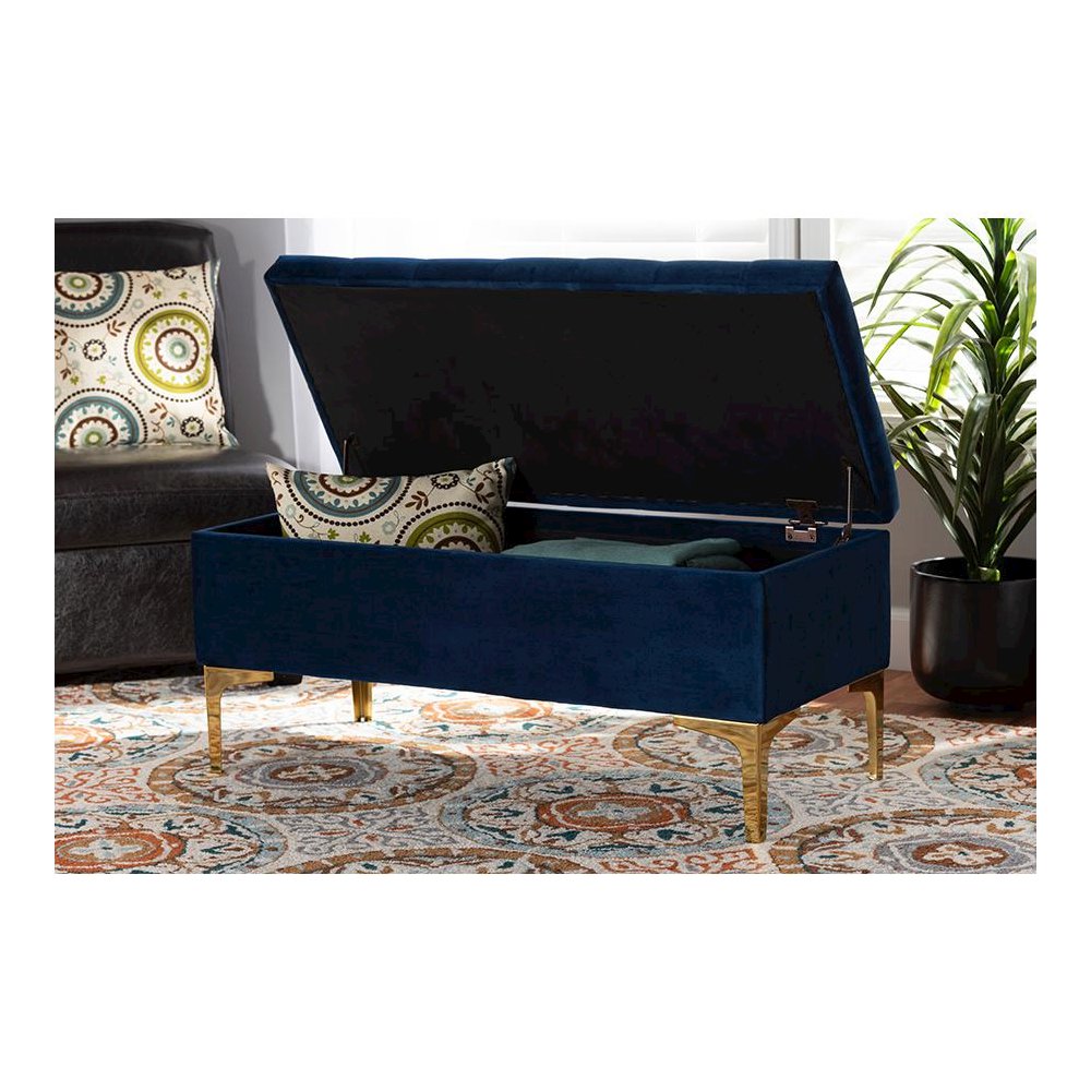 Gold Finished Button Tufted Storage Ottoman. Picture 9