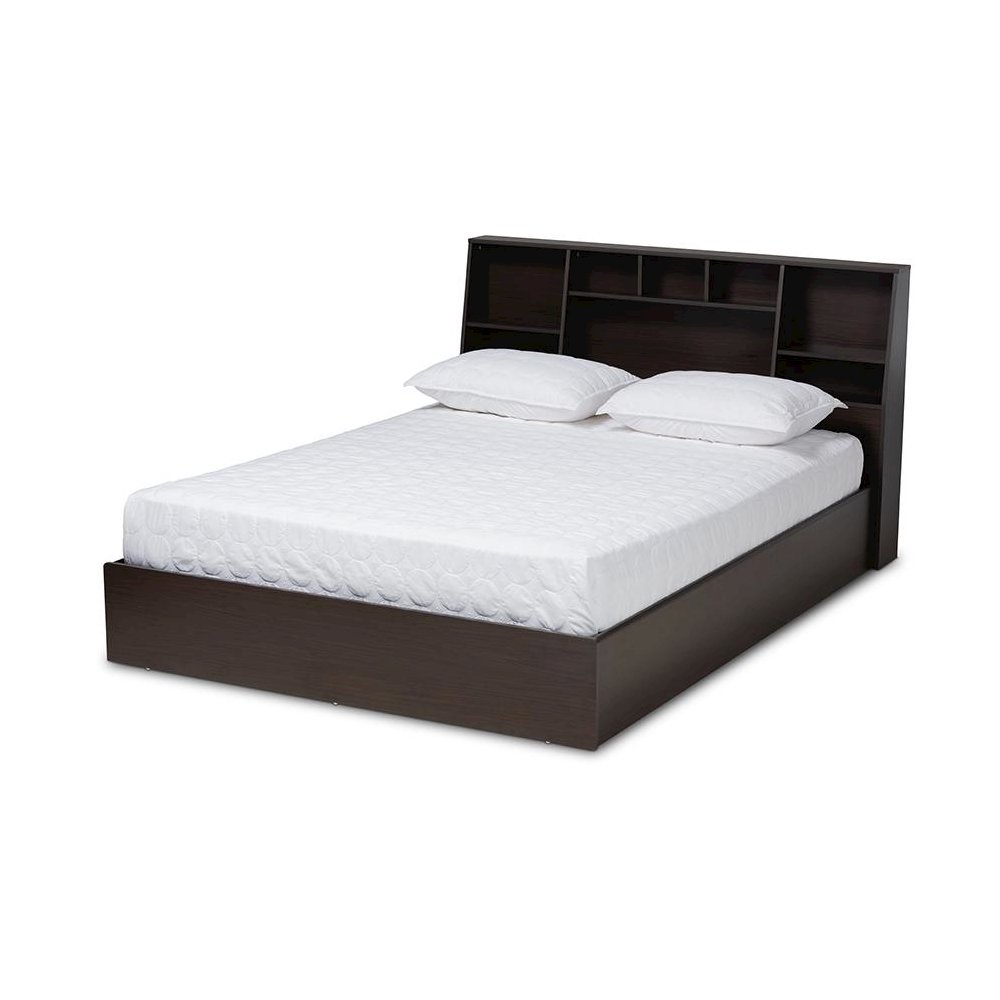 Dark Brown Finished Wood Queen Size Platform Storage Bed with Shelves. Picture 1