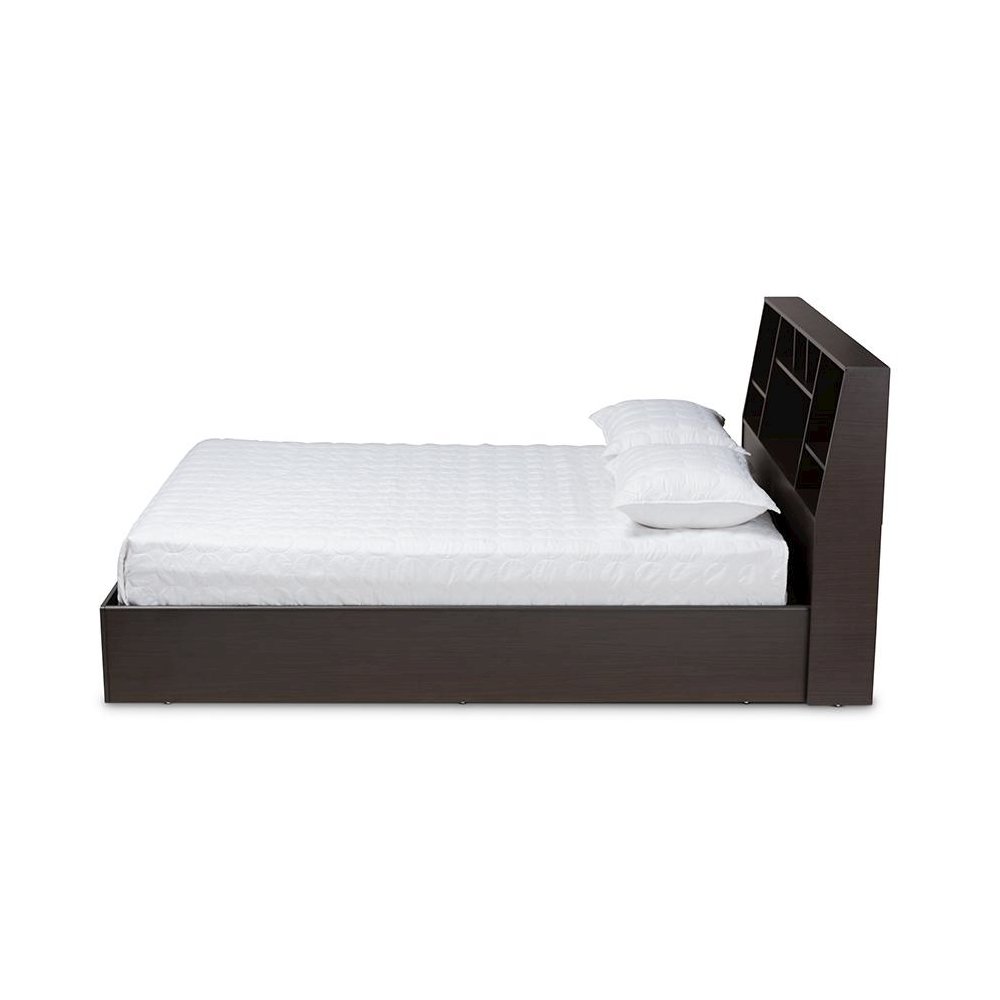 Dark Brown Finished Wood Queen Size Platform Storage Bed with Shelves. Picture 2