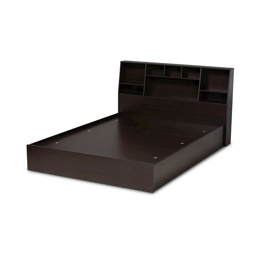 Dark Brown Finished Wood Queen Size Platform Storage Bed with Shelves. Picture 3