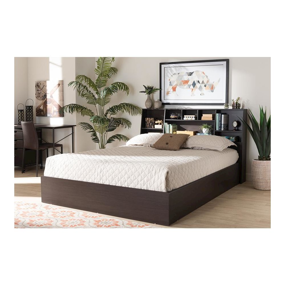 Dark Brown Finished Wood Queen Size Platform Storage Bed with Shelves. Picture 5