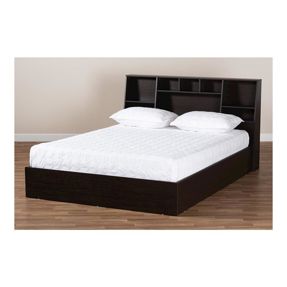 Dark Brown Finished Wood Queen Size Platform Storage Bed with Shelves. Picture 6