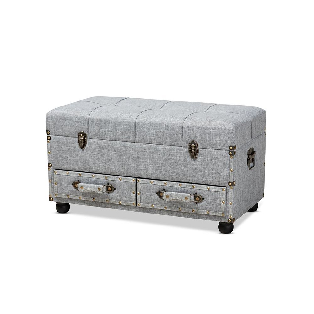 Flynn Modern Transitional Grey Fabric Upholstered 2-Drawer Storage Trunk Ottoman. Picture 1