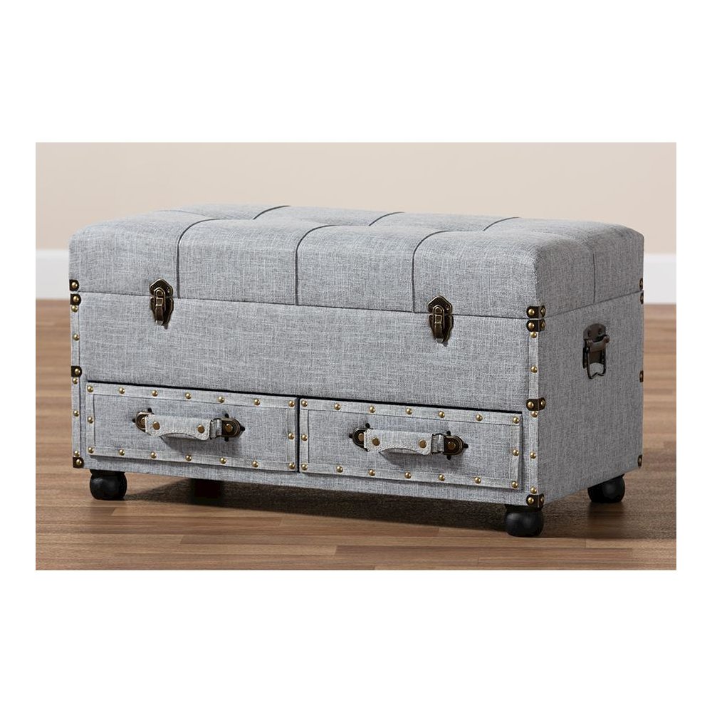 Flynn Modern Transitional Grey Fabric Upholstered 2-Drawer Storage Trunk Ottoman. Picture 11