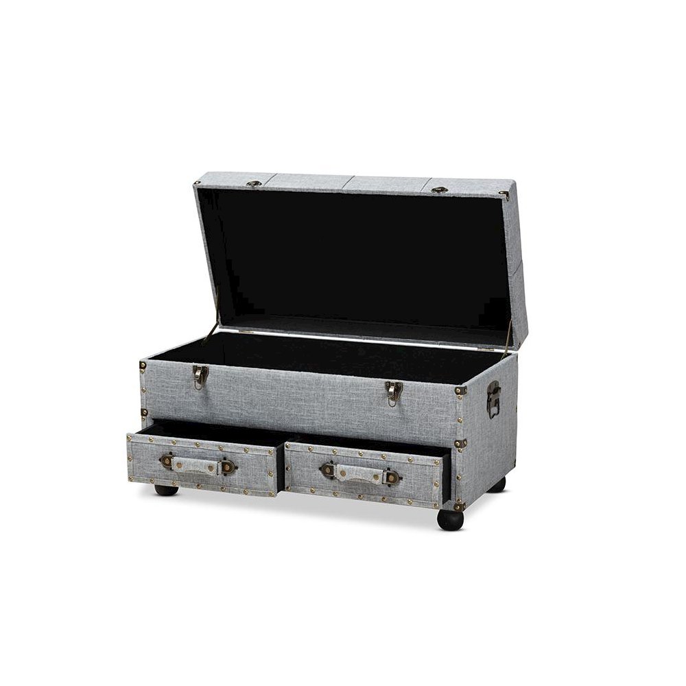 Flynn Modern Transitional Grey Fabric Upholstered 2-Drawer Storage Trunk Ottoman. Picture 2